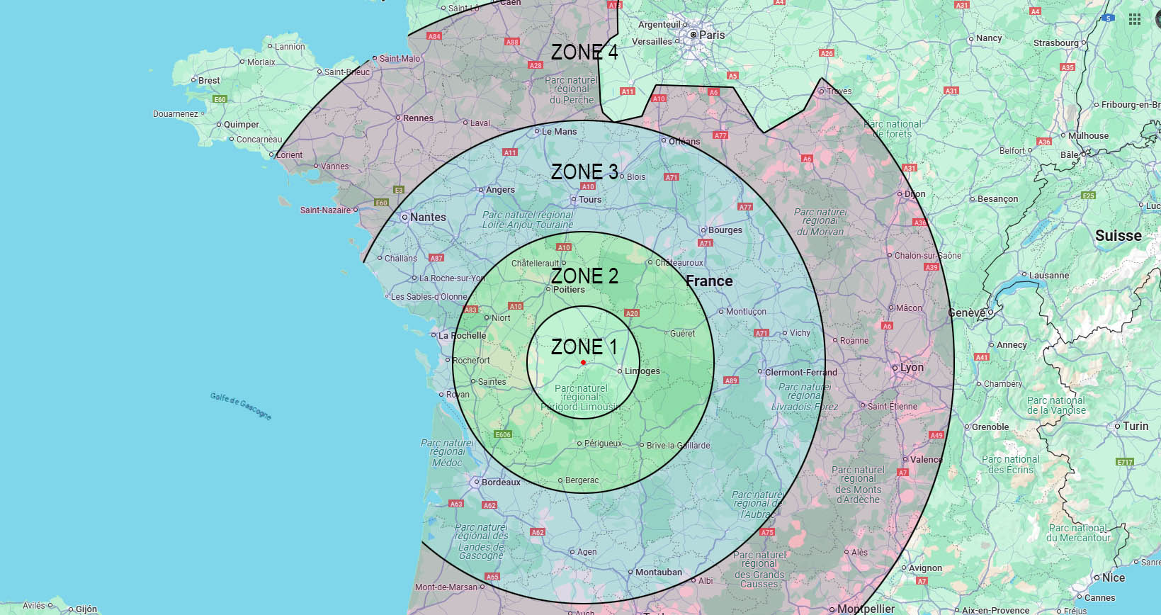 Carte de France des zones de prestation et tarifs